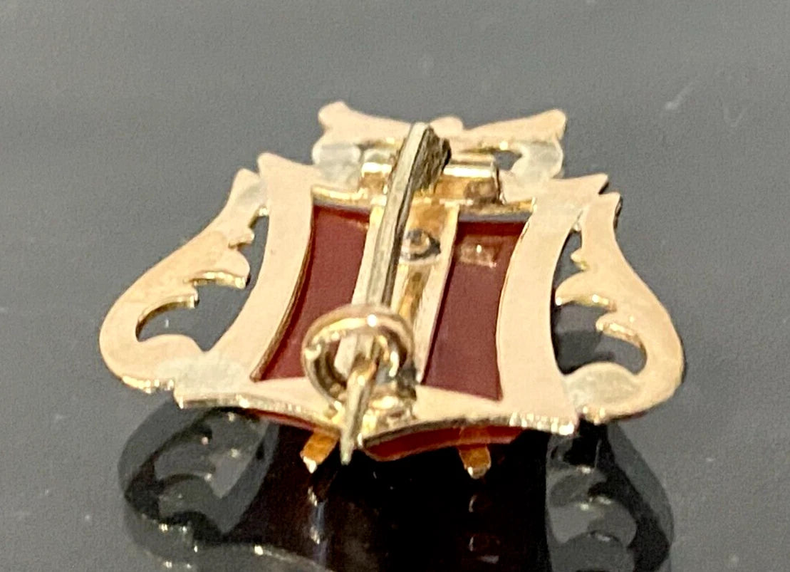 Art Nouveau 15K Yellow Gold & Carnelian Shield Masonic Brooch