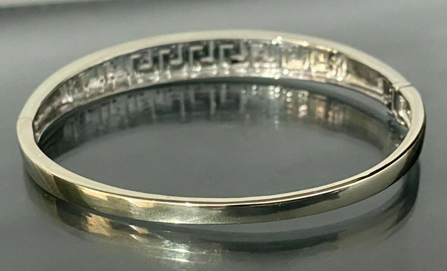 9K White Gold & 0.25CT Diamond Greek Key Hinged Bangle 60mm