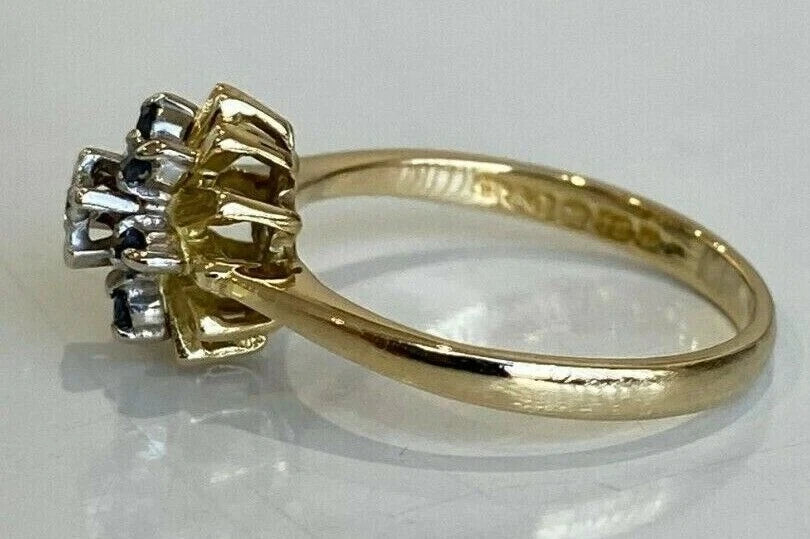 18K Yellow Gold W/ Sapphire & Diamond Flower Ring Size L 1/4 - 5 3/4