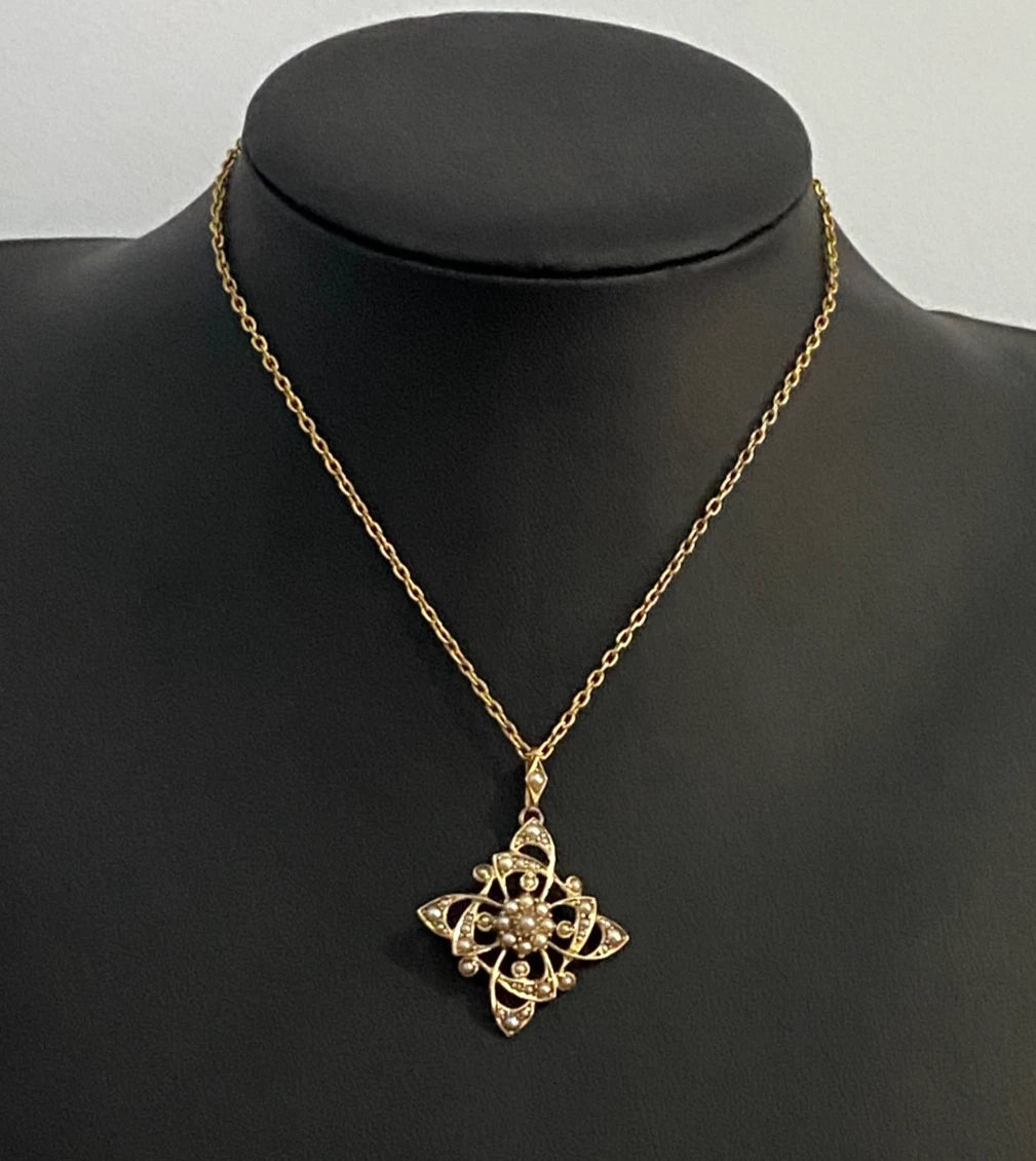 Art Nouveau 9K Yellow Gold & Seed Pearls Pendant 40.80mm High