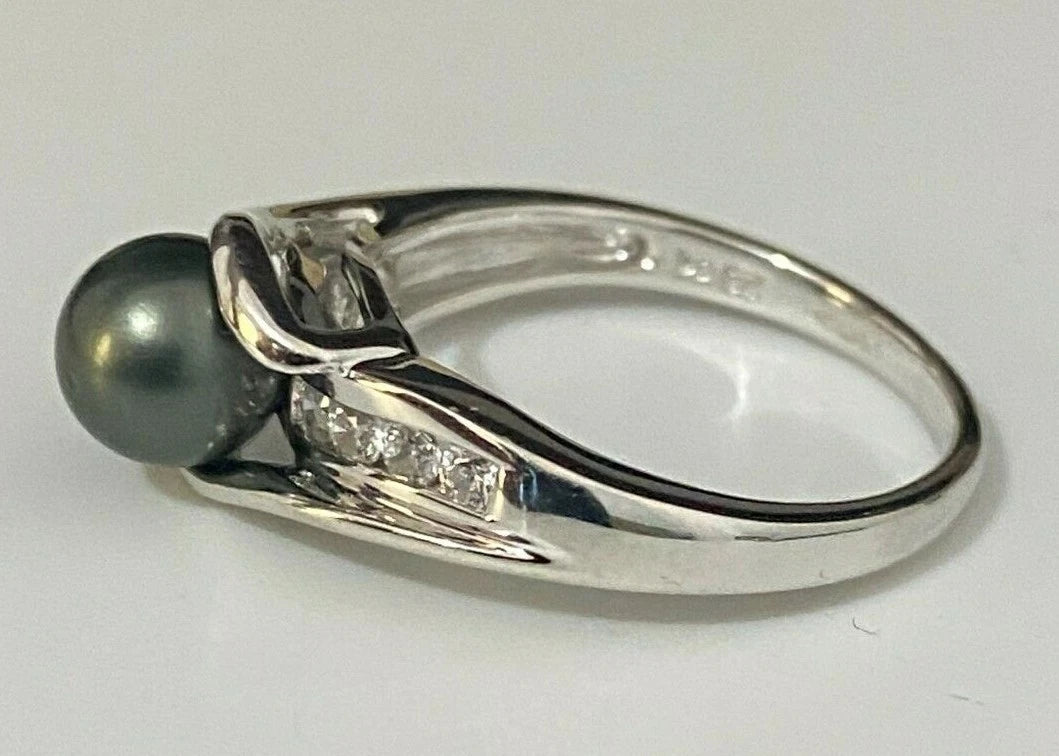 14K White Gold W/ Black Pearl & CZ Stones Ring Size O 1/2 - 7 1/4
