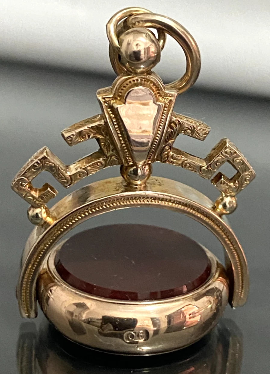 Antique Victorian 9K Yellow Gold Bloodstone Carnelian Swivel Fob Pendant 55mm