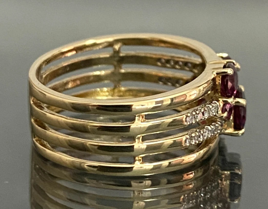 9K Yellow Gold Rhodolite & Diamond Multi-Row Split Shank Ring Size Q 1/2 (US 8.5