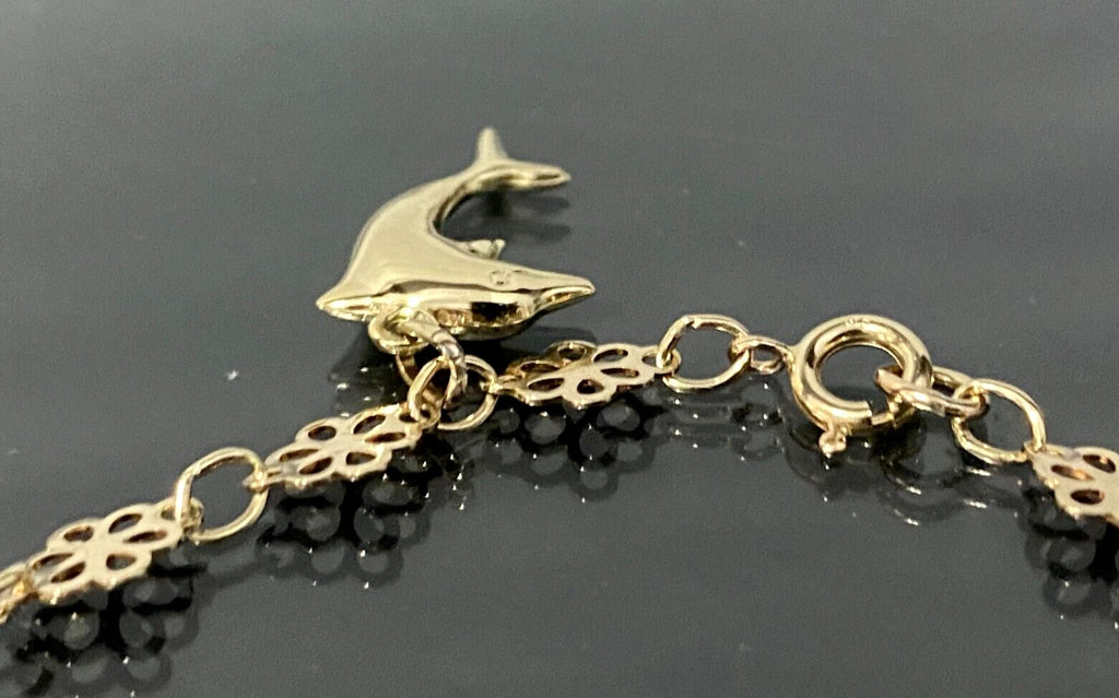 9K Yellow Gold Flower Link Horseshoe Dolphin Charm Bracelet 17.0cm Long