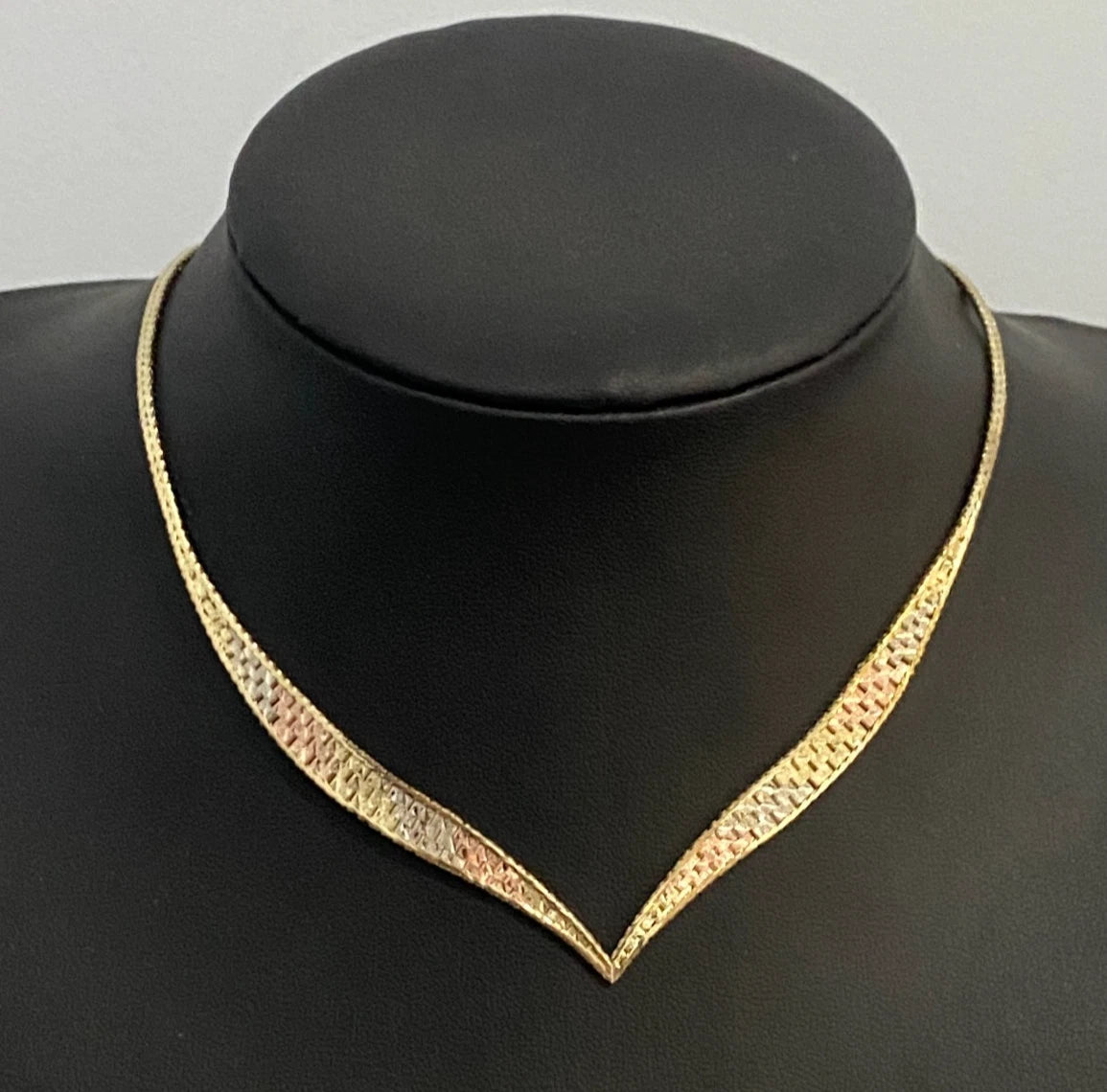 9K Tri-Color Gold Flat Collar Brick Design V Shaped Chain Necklace 40cm Long