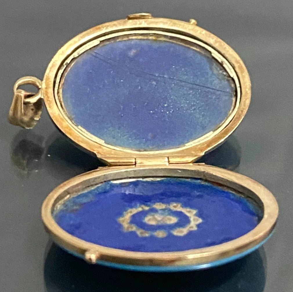 Victorian 9K Yellow Gold Pearl & Blue Enamel Photo Locket Pendant 32mm High