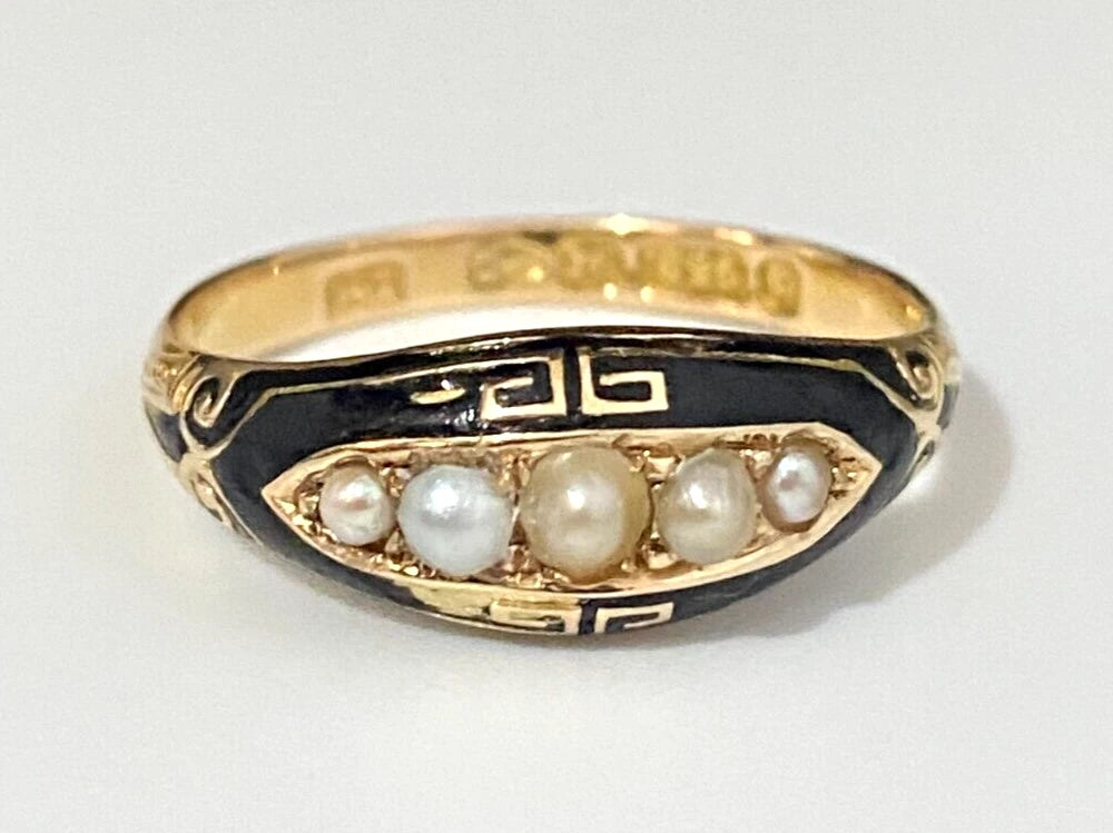 Victorian 15K Yellow Gold W/ Pearl Enamel Ring C1881 Size P 1/2 - 7 3/4