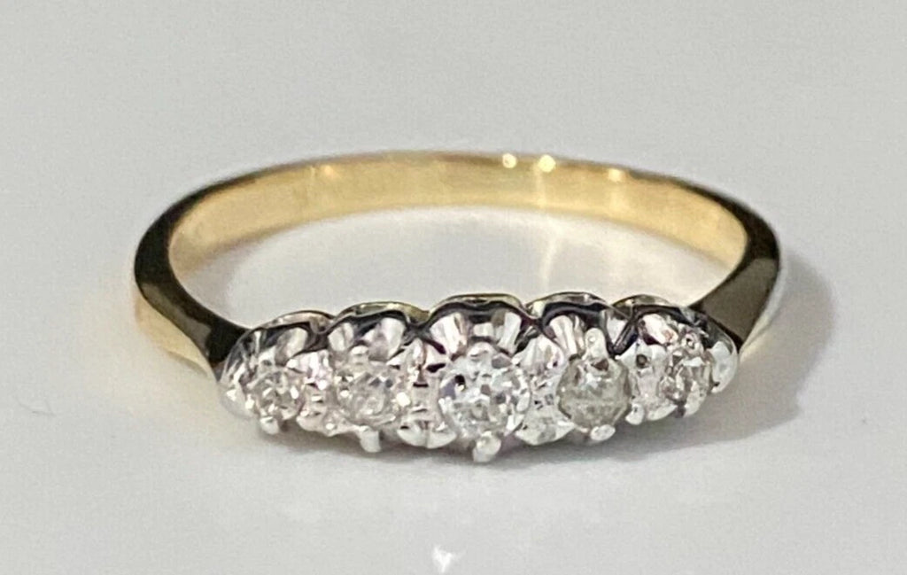 Art Deco 18K Yellow Gold & Diamond Five Stone Ring Size K 1/2 - 5 3/8