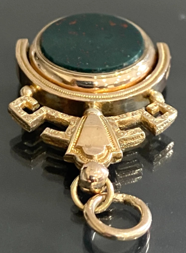 Antique Victorian 9K Yellow Gold Bloodstone Carnelian Swivel Fob Pendant 55mm