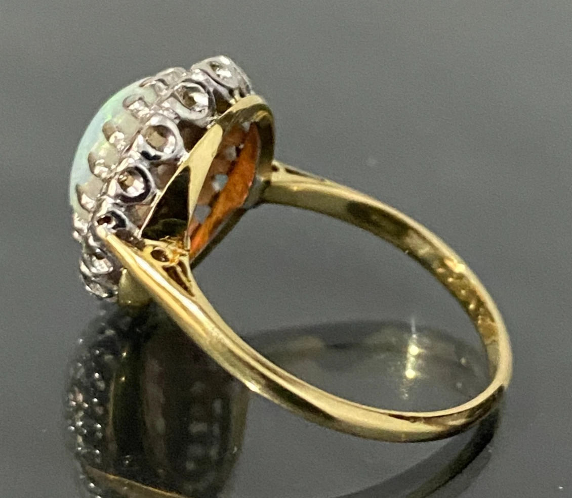 Vintage 18K Yellow Gold Opal & Diamond Cluster Ring Size L - 5 7/8