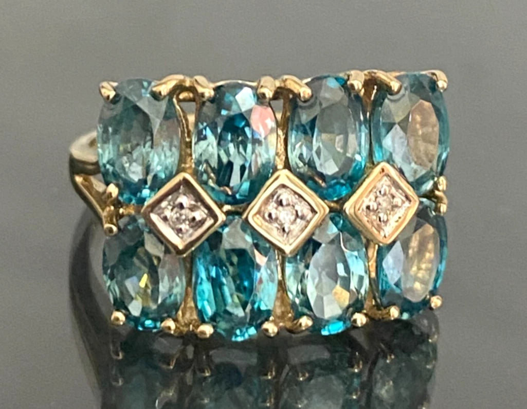 9K Yellow Gold Natural Blue Zircon & Diamond Statement Ring Size L (US 5.75)