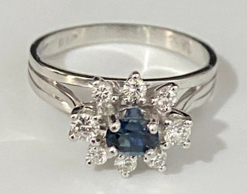 18K Gold W/ Sapphire & Diamond Cluster Engagement Ring Size N 1/2 - 6 3/4