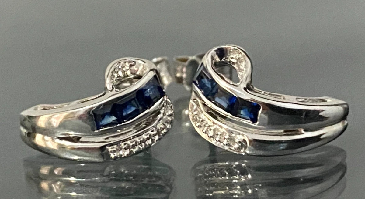 9K White Gold W/ Sapphire & Diamond Stud Earrings