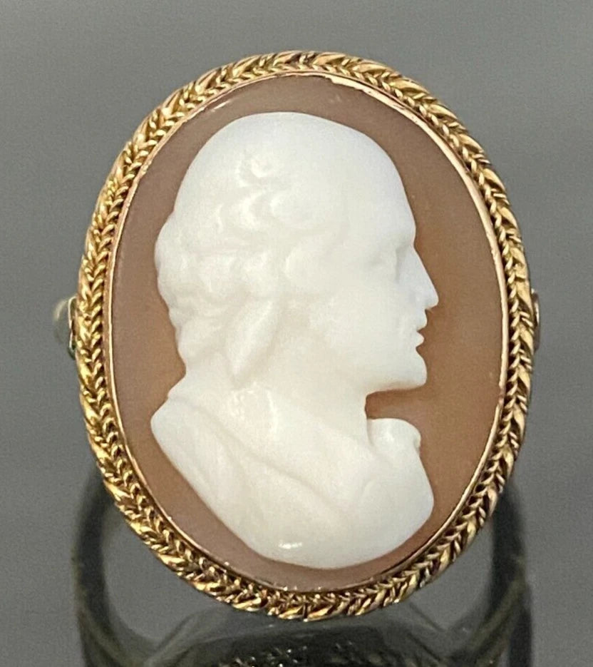 9K Yellow Gold & Shakespeare Carved Cameo Ring Size P 1/2 - 7 3/4