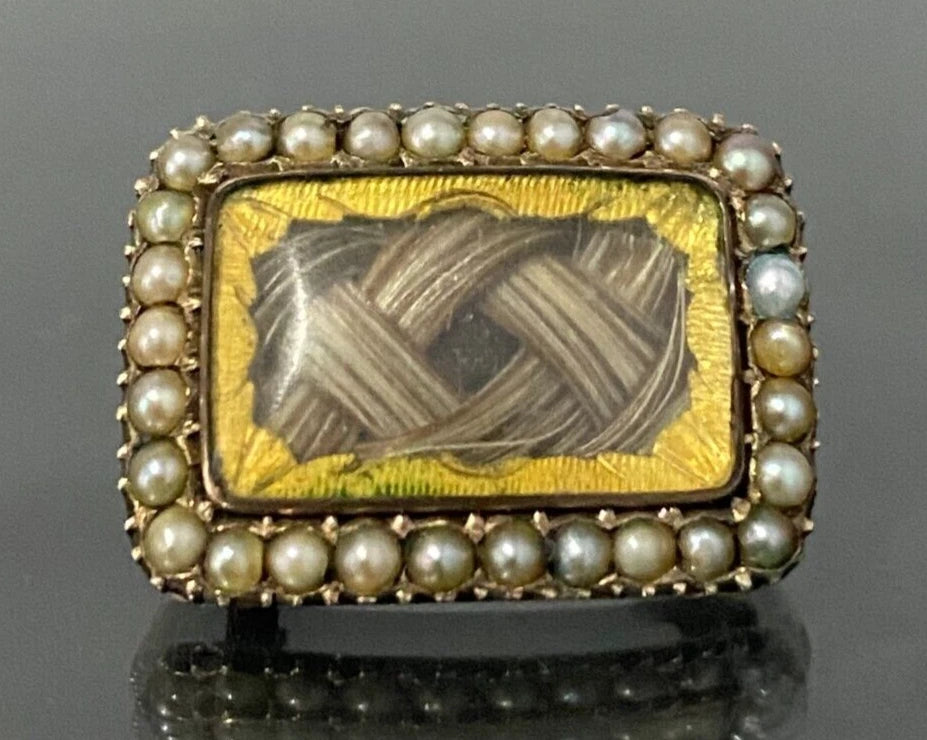 GEORGIAN 9K Gold W/ Pearl & Woven Hairwork Memorial Brooch