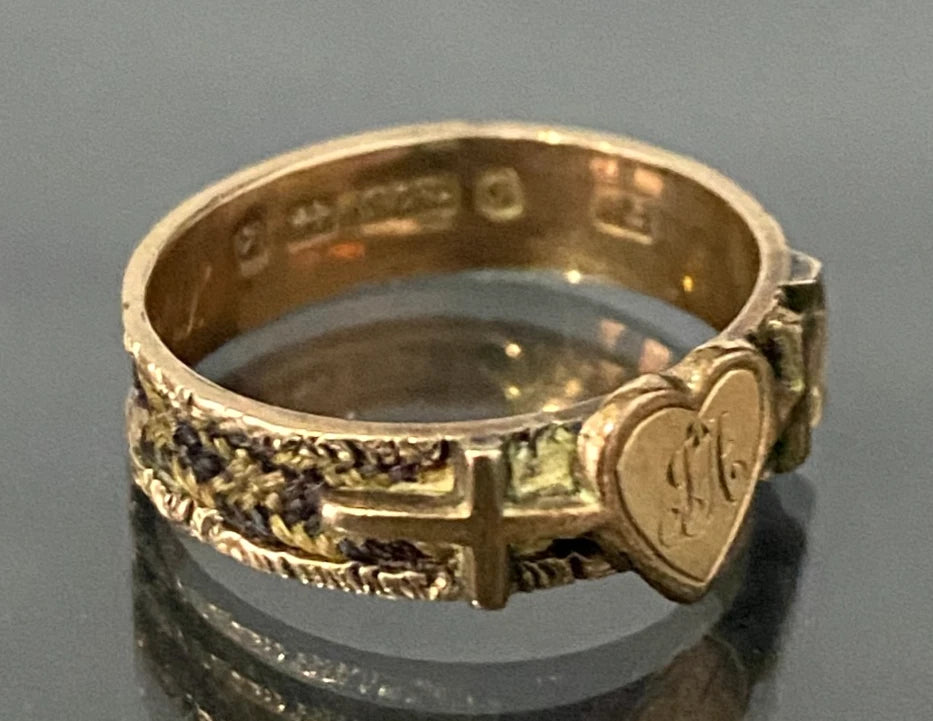Victorian 9K gold Faith Hope & Charity Woven Hair 'JA' Initial Ring C1879