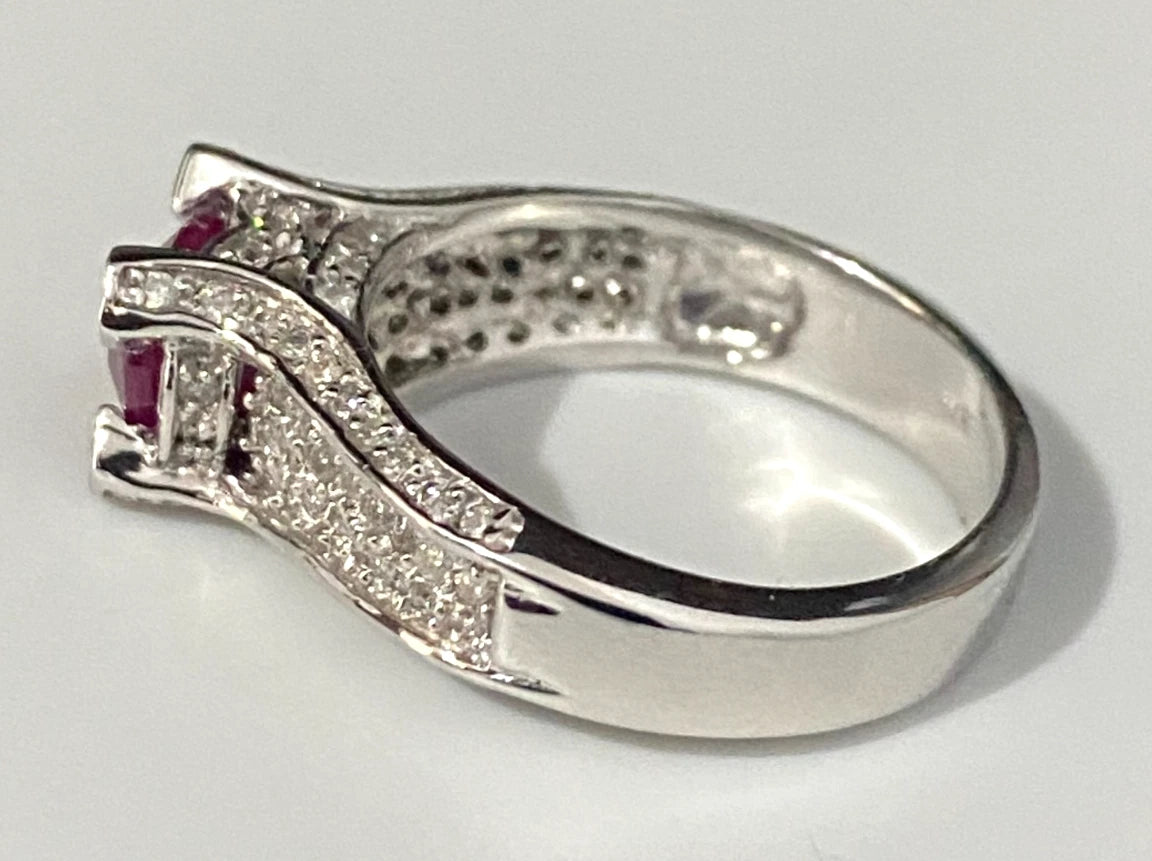 14K White Gold W/ Ruby & 0.70CT Diamond Ring Size P - 7 3/4