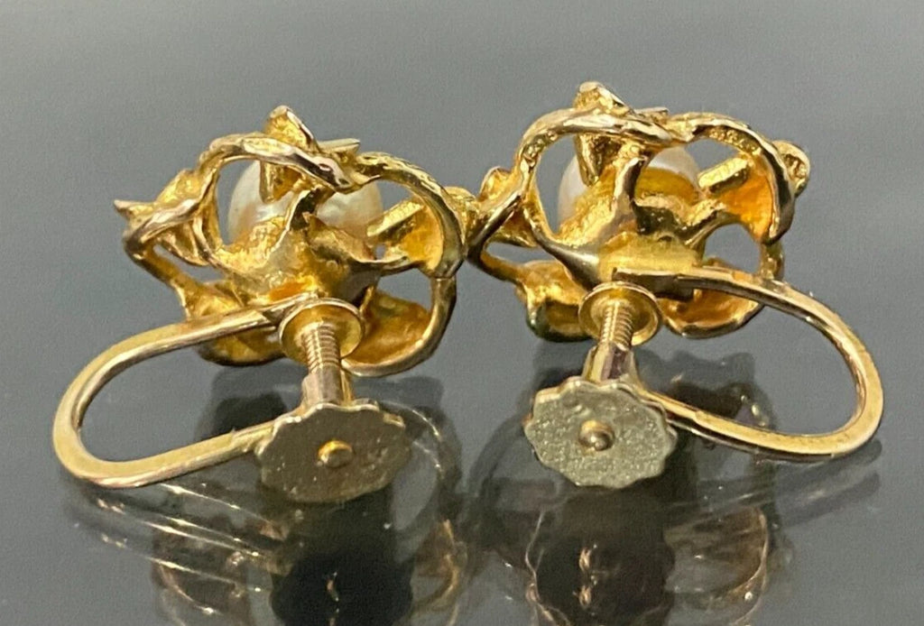 9K Yellow Gold & White Pearl Screw Back Earrings for Non-Pierced