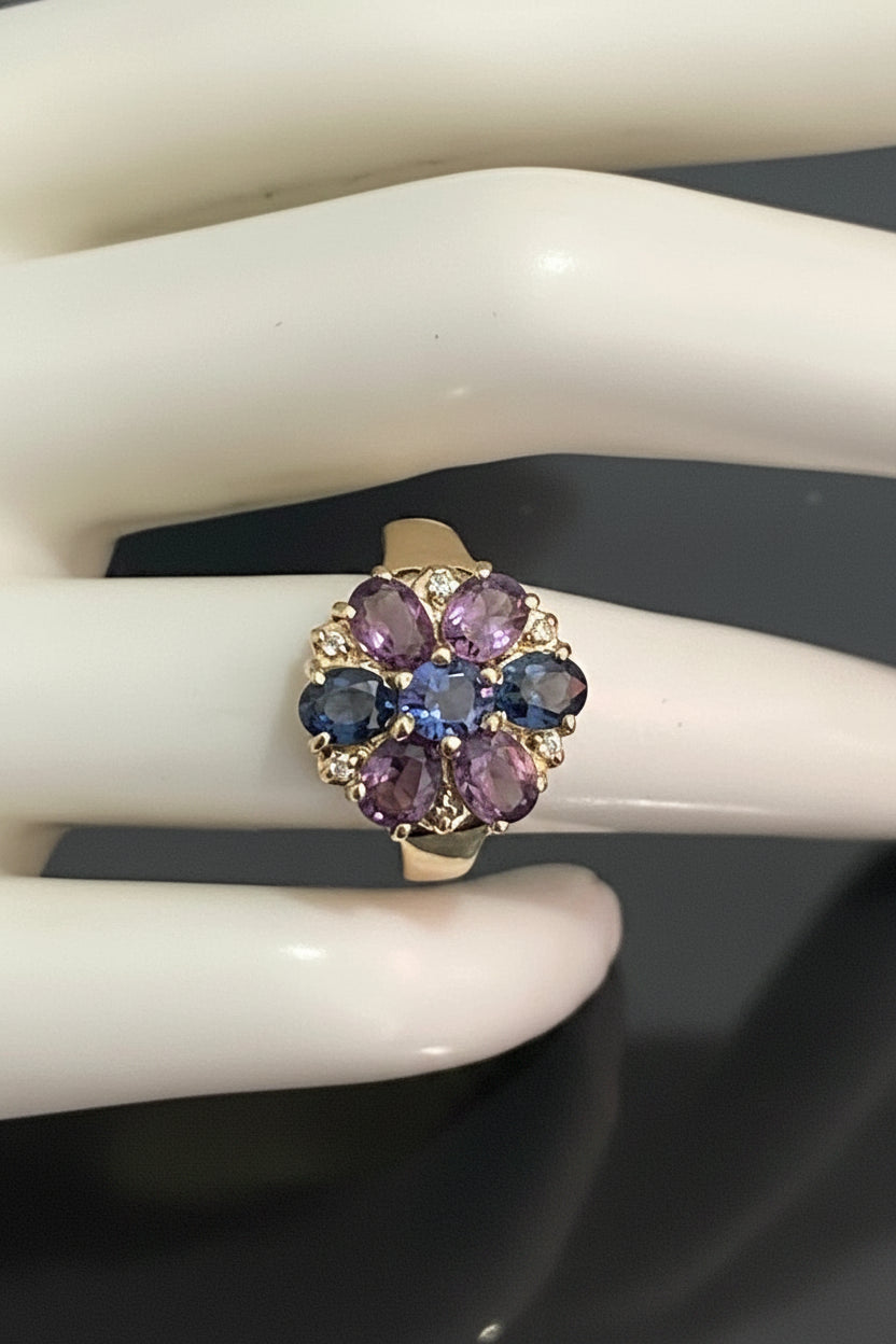 9K Yellow Gold W/Pink & Blue Spinel Gemstone Cluster Ring Size K (US 5.25)