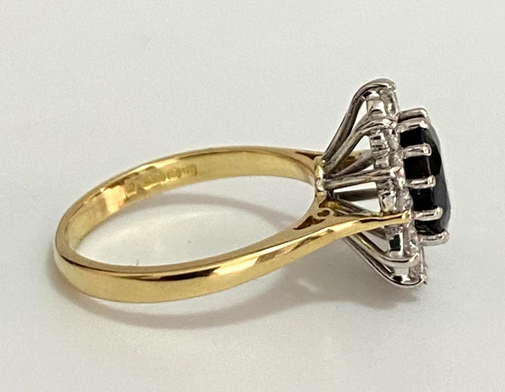 18K Yellow Gold Sapphire & Diamond Cluster Ring - Size J (US 4.75)