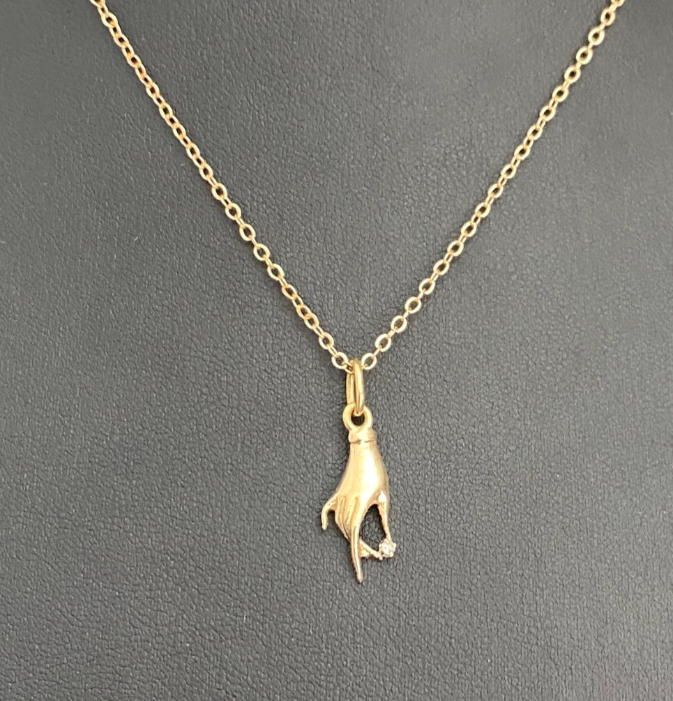 14K Solid Yellow Gold Diamond Figural Hand Pendant / Charm