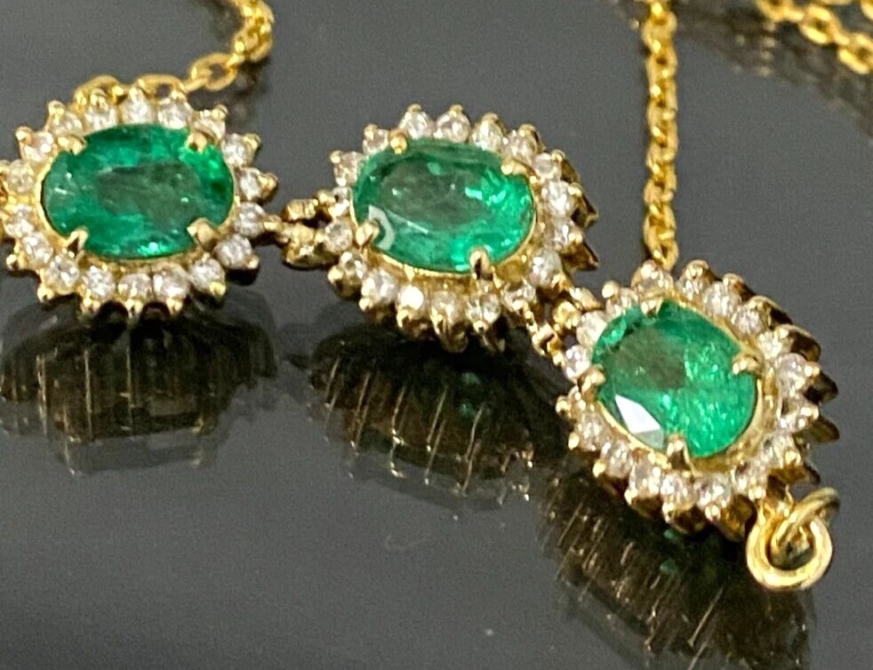 18K Yellow Gold 2.25CT Emerald & Diamond Three Cluster Necklace