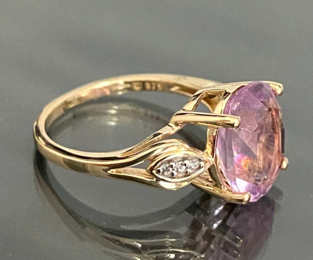 9K Yellow Gold Pink Fluorite & White Zircon Ring Size L (US 5.75)