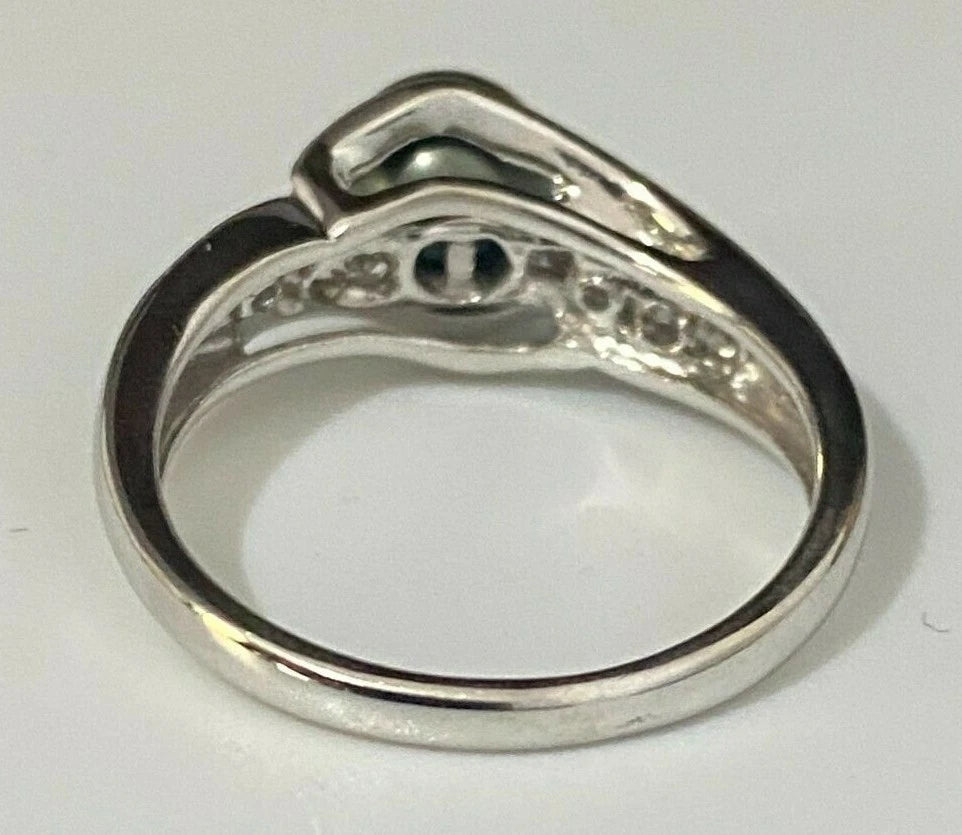 14K White Gold W/ Black Pearl & CZ Stones Ring Size O 1/2 - 7 1/4