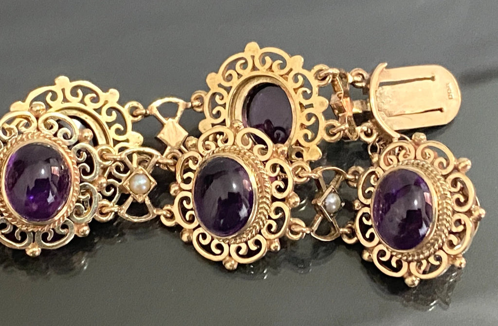 1970's 9K Yellow Gold Amethyst & Pearls Open Scrollwork Bracelet - Vintage Jewellery