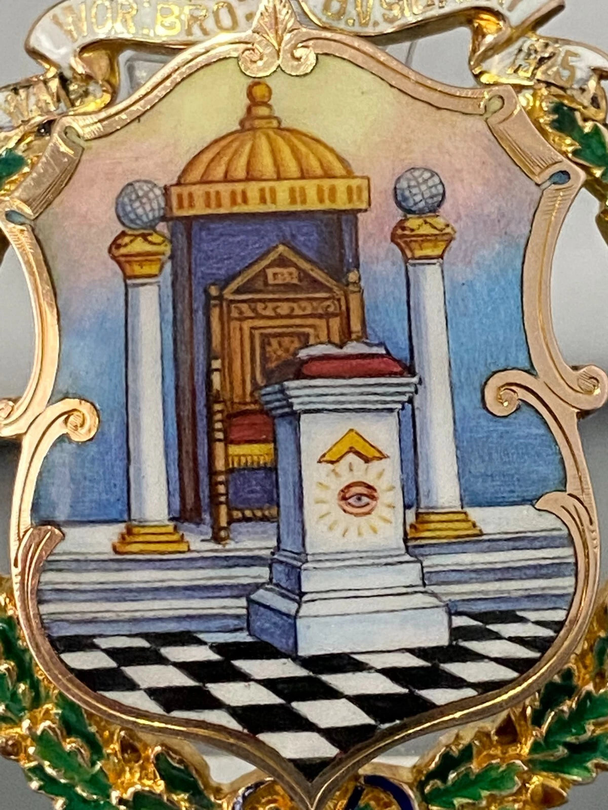 Rare Antique 9K Gold Hand Painted Shield Masonic Medallion Pendant C1925