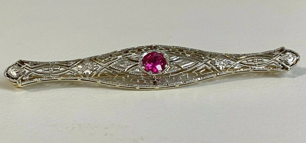 An Early 14K Gold & Ruby Filigree Brooch Pin 64.5mm