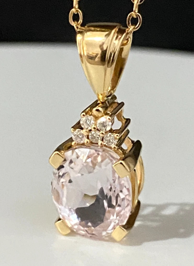 18K Yellow Gold With 4.0CT Kunzite & Diamond Pendant By ILIANA