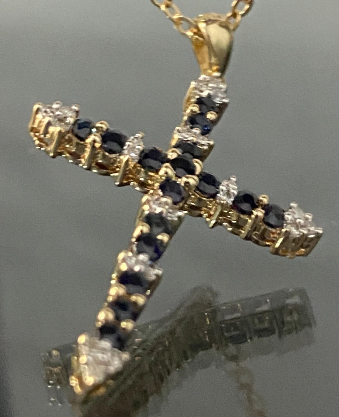9K Yellow Gold W/ Sapphire & Diamond Cross Pendant 36mm High