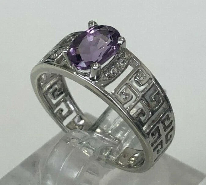 9K White Gold W/ Amethyst & Diamond Greek Key Ring Size L 1/4 - 5 3/4