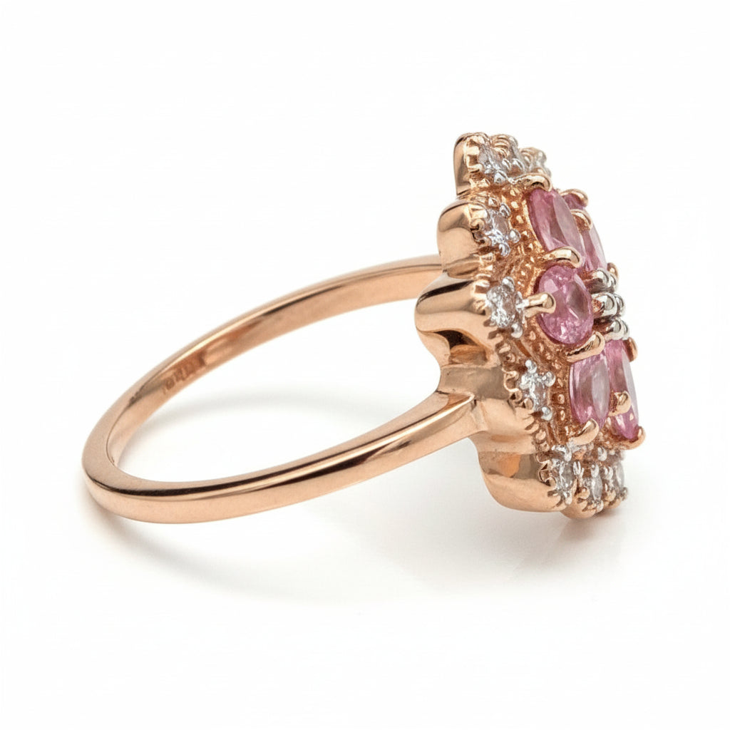9ct Rose Gold Spinel & Natural White Zircon Floral Cluster Ring Size L (US 5.75)