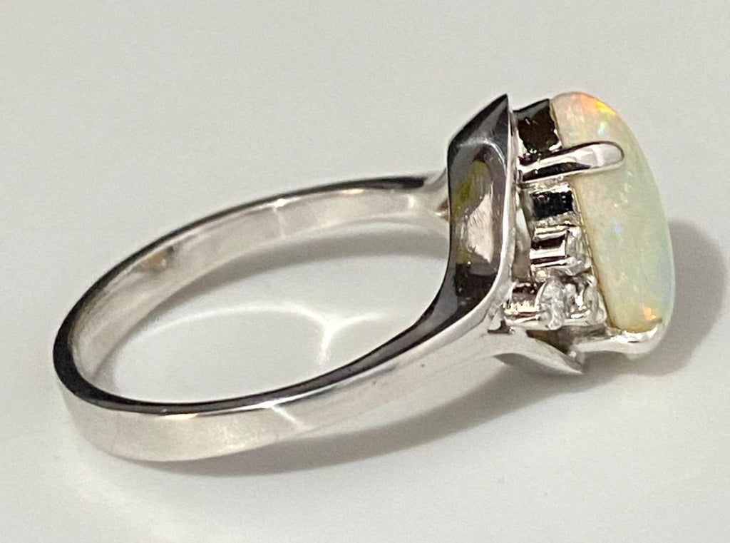 14K White Gold With Opal & Diamond Ring Size N - 6 3/4