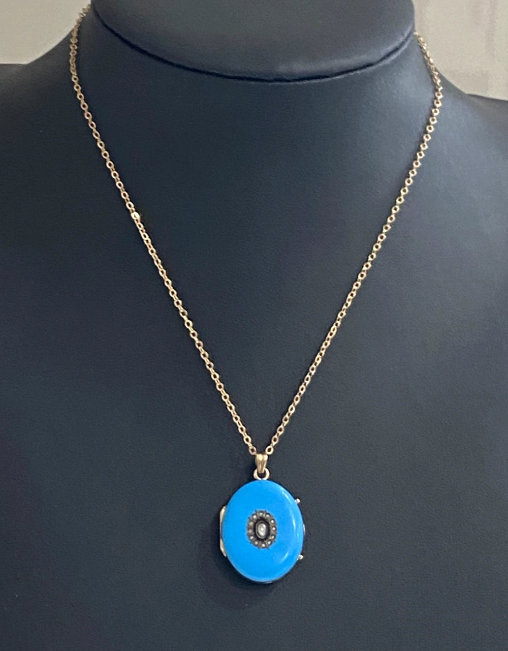 Victorian 9K Yellow Gold Pearl & Blue Enamel Photo Locket Pendant 32mm High