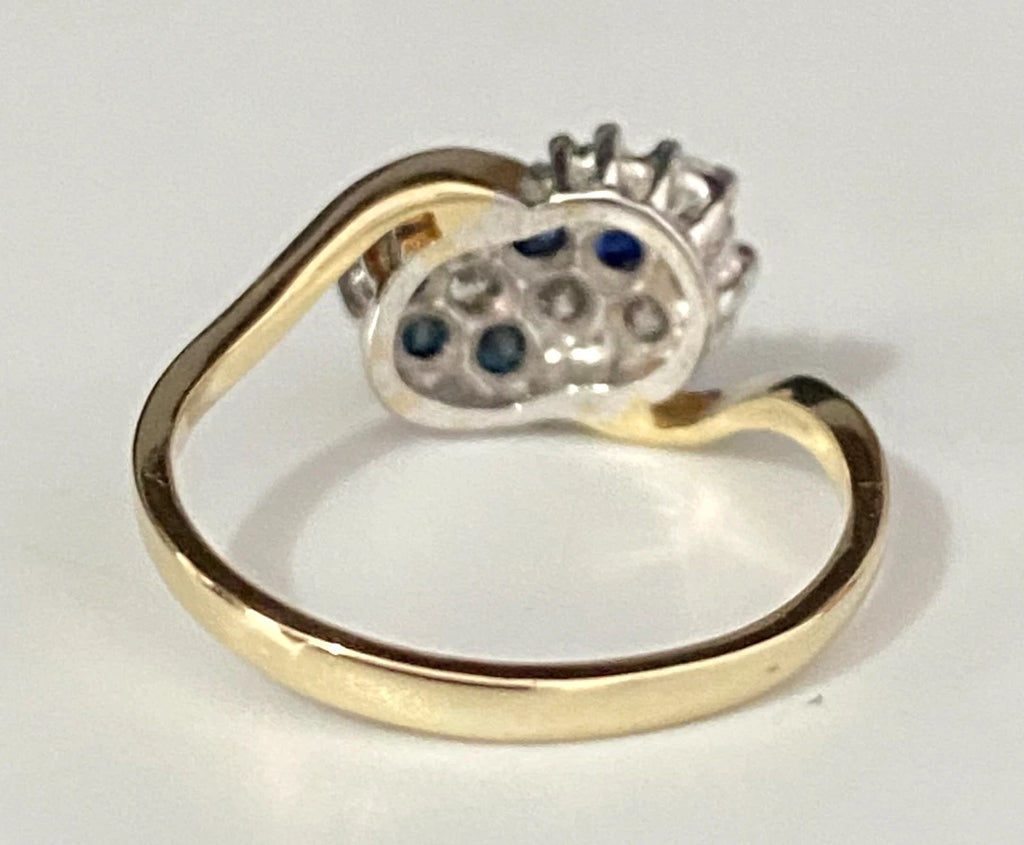 9K Yellow Gold W/ Sapphire & CZ Cluster Crossover Ring Size K - 5 3/8