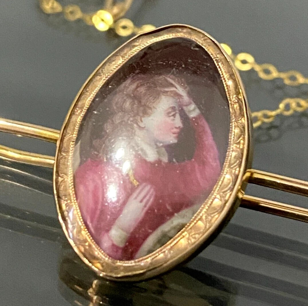 Art Nouveau 9K Yellow Gold Painted Miniature Brooch