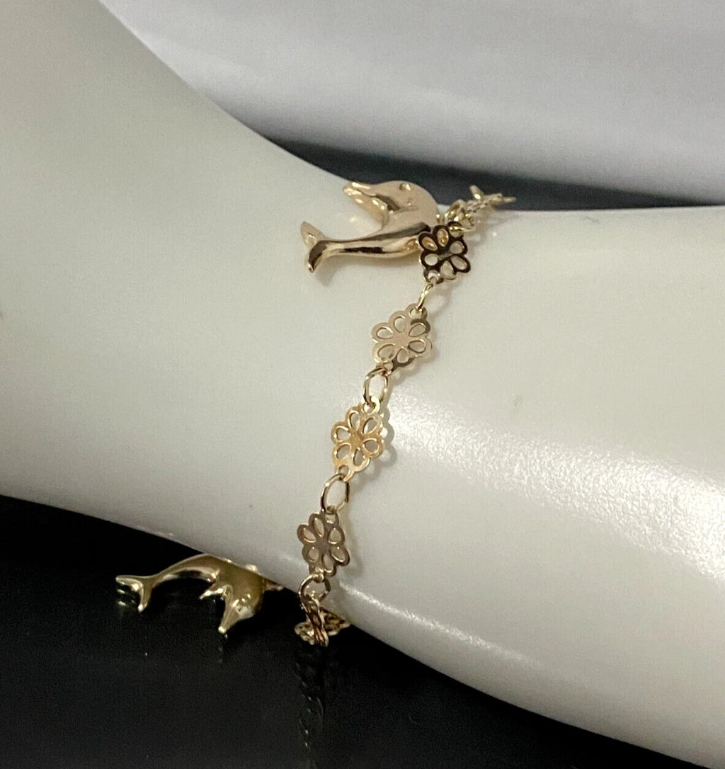 9K Yellow Gold Flower Link Horseshoe Dolphin Charm Bracelet 17.0cm Long