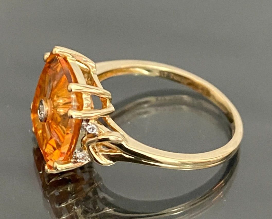 10K Yellow Gold Quasar Cut Orange Quartz Diamond Cocktail Ring Size N (US 6.75)