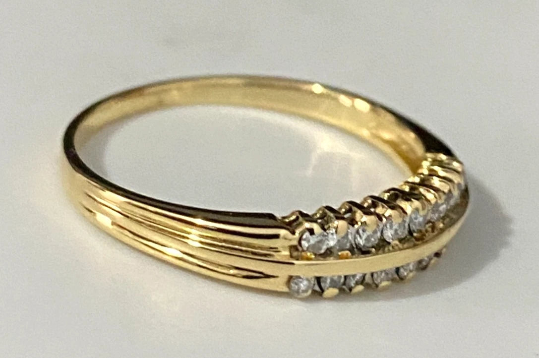 18K Yellow Gold & Diamond Two Row Band Ring Size P - 7 3/4