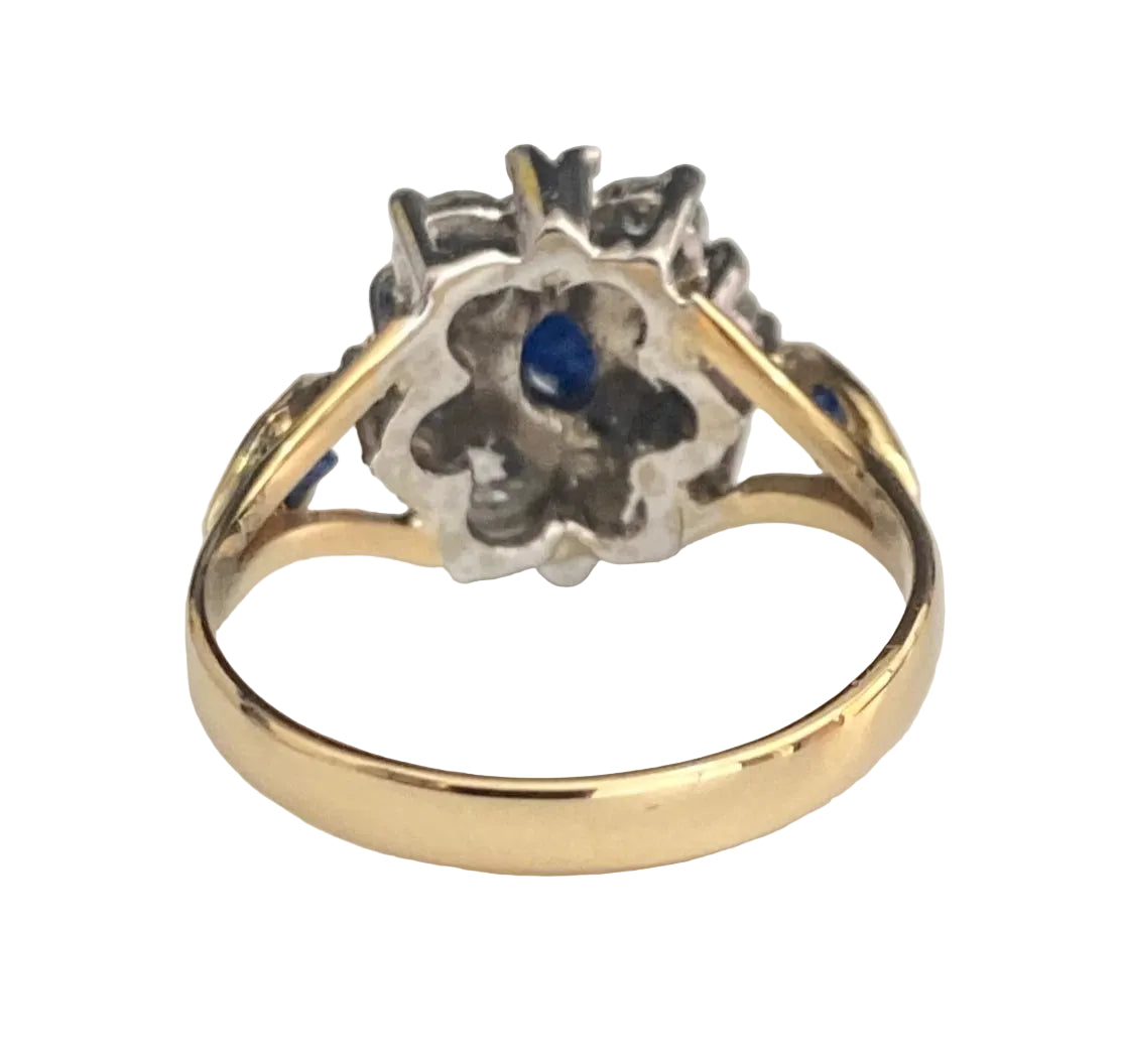 Vintage 18K Gold Sapphire & 0.90CT Old Cut Diamond Cluster Ring Size P (US 7.75)