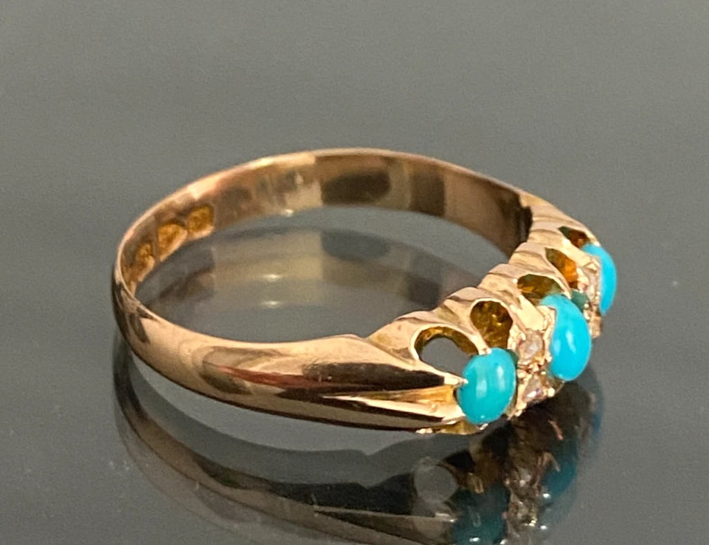 Antique 18K Rose Gold W/ Turquoise & Diamond Ring C1898 Size N (US 6.75)