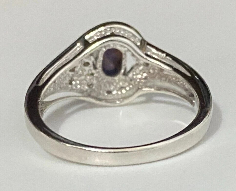 9K White Gold W/ Opal & White Zircon Ring Size N - 6 1/2