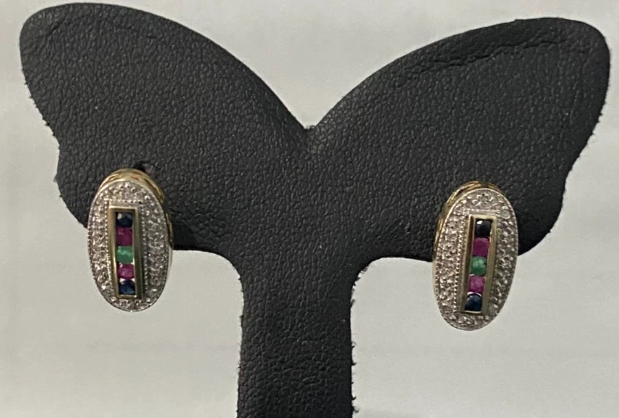 9K Yellow Gold W/ Diamond & Multi Gemstones Stud Earrings 15.0mm High