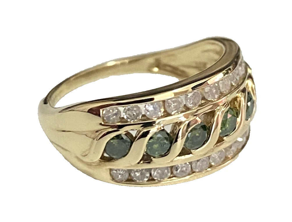 10K Yellow Gold 1.0CT Green & White Diamond Dress Ring Size L (US 5.75)