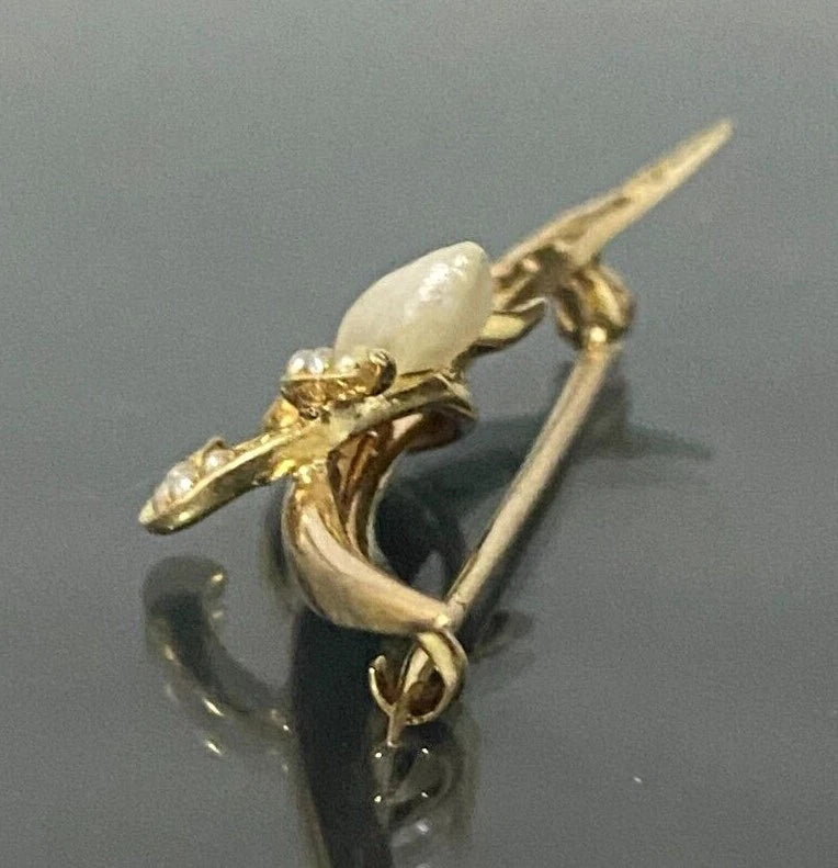 Antique 14K Yellow Gold & Pearl Flower Crescent Brooch Pin
