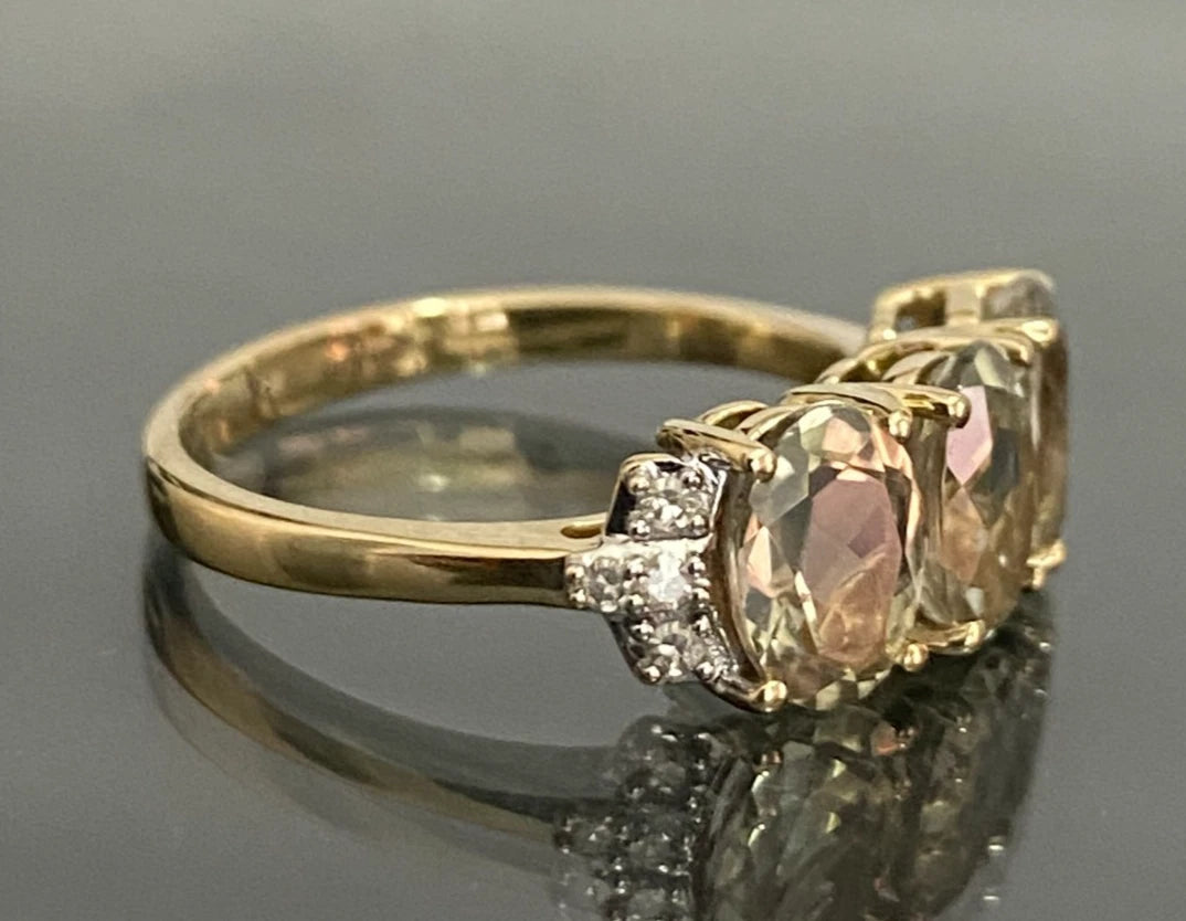 9ct Yellow Gold 2.57ct Csarite & Diamond Three Stone Ring - Size L (US 5.75)