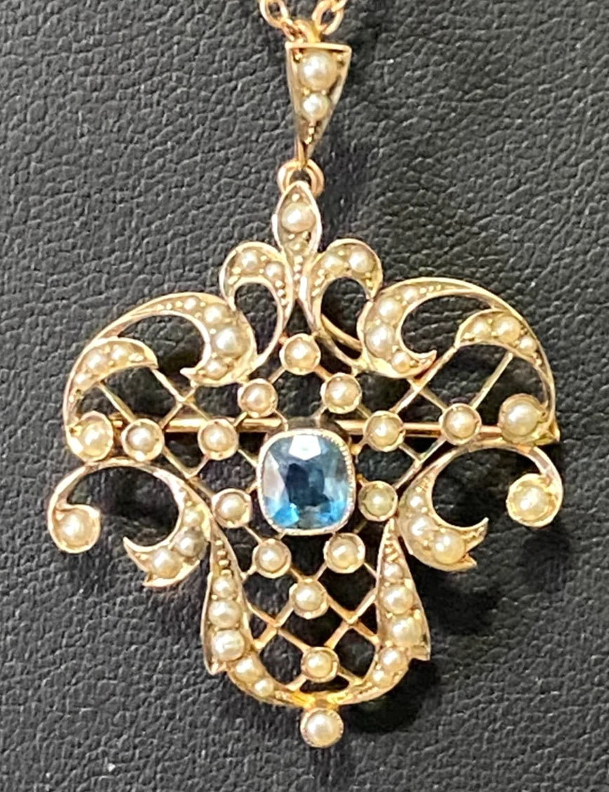 Edwardian 9ct Yellow Gold Aquamarine & Seed Pearl Drop Pendant Brooch – 42.5mm